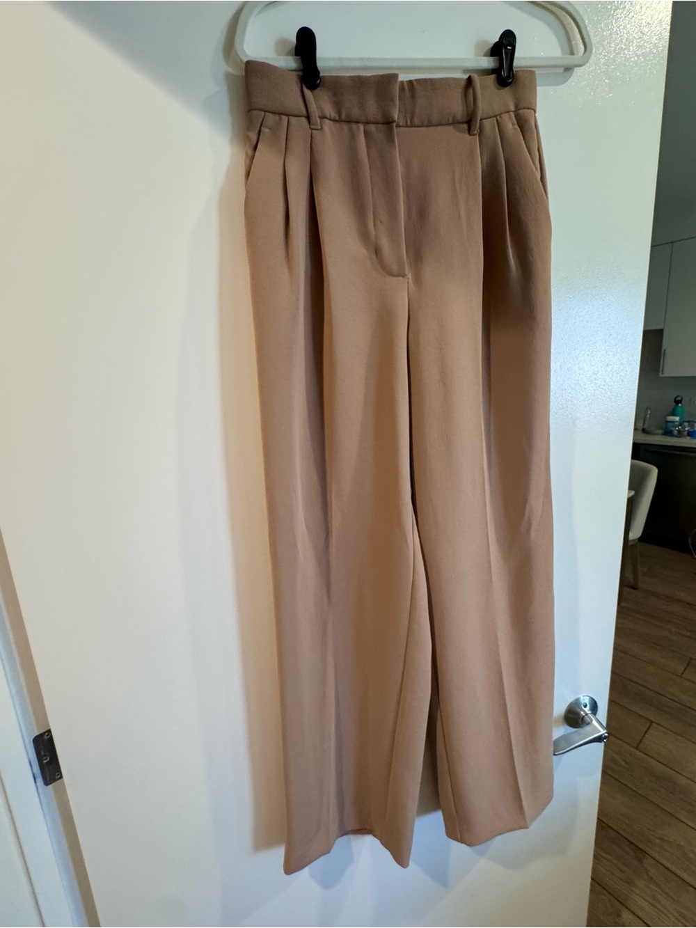 Aritzia Wilfred Wide Leg Pleated Trousers in Camel